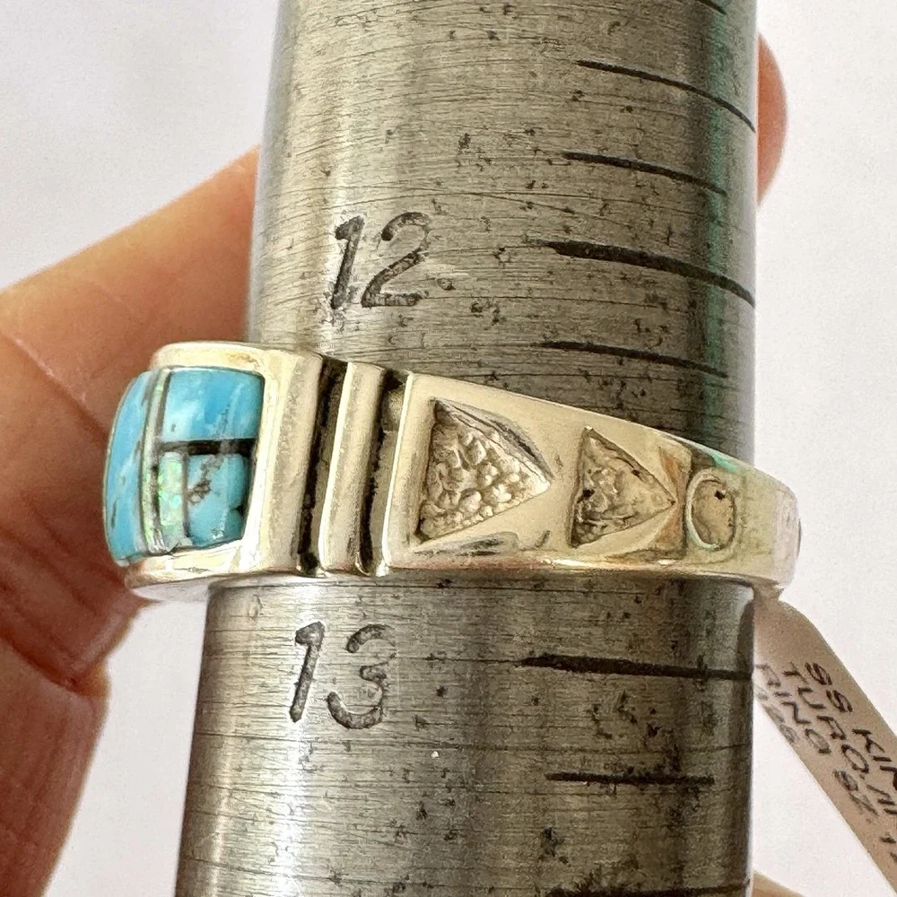 Mens Navajo Wedding Band Sz 12.5 Turquoise Opal Inlay 9mm‎ Ring Signed Tolino